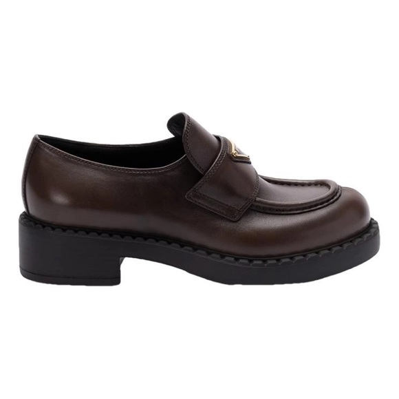 PRADA Chocolate logo leather loafers flats - Picture 1 of 5